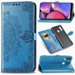 Embossed Mandala Flower Wallet Stand Leather Phone Case for Samsung Galaxy A20s – Blue