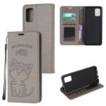 Imprint Cat and Fish Bone Wallet Leather Cover for Samsung Galaxy A51 – Grey