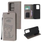 Imprint Cat and Fish Bone Wallet Leather Protective Cover for Samsung Galaxy S11 Plus 6.9 inch – Grey