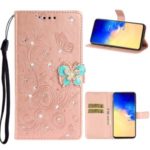 Imprint Butterfly Rhinestone Decor Wallet Leather Phone Casing for Samsung Galaxy A51 – Rose Gold