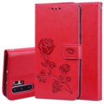 Imprinted Rose Flower Pattern Leather Wallet Phone Casing for Huawei P30 Pro – Red