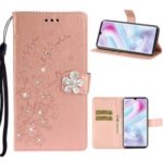 Imprint Flower Rhinestone Leather Wallet Case for Xiaomi Mi Note 10 / Mi Note 10 Pro – Rose Gold
