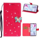 Imprint Flower Butterfly Rhinestone Leather Wallet Case for Xiaomi Mi Note 10 / Mi Note 10 Pro – Rose