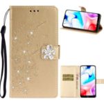Imprint Flower Rhinestone Wallet Leather Stand Case for Xiaomi Redmi 8 – Gold