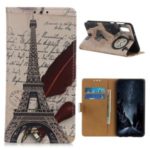 Pattern Printing PU Leather Wallet Stand Phone Case for Samsung Galaxy A01 – Eiffel Tower and Letters