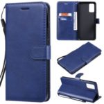 Solid Color PU Leather Flip Phone Cover with Strap for Samsung Galaxy S20 Plus – Blue