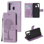 Imprint Tree Owl PU Leather Wallet Stand Phone Case for Samsung Galaxy A21 – Light Purple