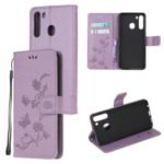 Imprint Butterfly Flower PU Leather Flip Stand Phone Case for Samsung Galaxy A21 – Purple