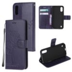 Imprint Tree Owl Leather Wallet Phone Shell for Samsung Galaxy A01 – Dark Purple