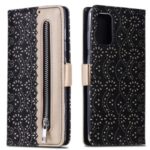 Lace Flower Pattern Zipper Pocket Leather Wallet Cell Phone Cover for Samsung Galaxy S20 Plus – Black
