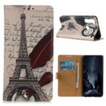 Pattern Printing Wallet Stand PU Leather Case for Motorola Moto G8 Power – Eiffel Tower and Quill-pen