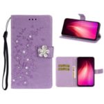 Imprint Flower Rhinestone Leather Wallet Stand Case for Xiaomi Redmi Note 8 Pro – Purple