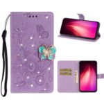 Imprint Flower Butterfly Rhinestone Leather Wallet Case for Xiaomi Redmi Note 8 – Purple