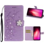 Imprint Flower Rhinestone Leather Wallet Case for Xiaomi Redmi Note 8 – Purple
