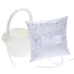 Flower Girl Basket Wedding Decor Supplies + White Satin Ring Bearer Pillow (7 * 7 inches)