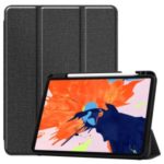 Jeans-Like Texture Tri-fold Stand PU Leather Tablet Casing with Pen Slot for iPad Pro 12.9-inch (2020) – Black