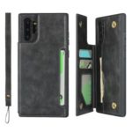 Button Flip Card Holder PU Leather Coated TPU Cover with Lanyard for Samsung Galaxy Note 10 Plus – Black