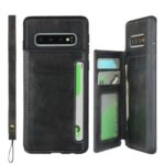Magnetic Kickstand Wallet PU Leather Coated TPU Back Case with Strap – Black