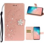 Imprint Flower Rhinestone Decor Leather Wallet Stand Case for Samsung Galaxy S20 – Rose Gold