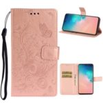 Imprinted Plum Blossom Leather Wallet Stand Phone Shell for Samsung Galaxy S20 – Rose Gold