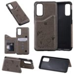For Samsung Galaxy S20 Imprint Cat and Bee Card Holder Leather Coated TPU Phone Shell – Grey