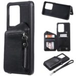Zipper Pocket Leather Coated TPU Card Holder Shell with Kickstand for Samsung Galaxy S20 Ultra – Black