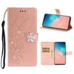 Imprint Flower Rhinestone Leather Wallet Stand Case for Samsung Galaxy S20 Ultra – Rose Gold