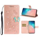 Imprint Flower Butterfly Rhinestone Leather Wallet Case for Samsung Galaxy S20 Ultra – Rose Gold