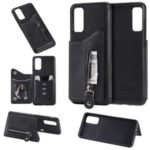 PU Leather Coated TPU Phone Stand Cover with Zipper Pocket Card Holder Shell for Samsung Galaxy S20 – Black