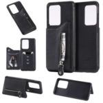 Zipper Pocket Leather Coated TPU Card Holder Case with Kickstand for Samsung Galaxy S20 Ultra 6.9-inch – Black