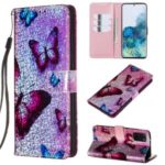 Pattern Printing Glitter Sequins Leather Wallet Stand Case for Samsung Galaxy S20 Plus – Butterfly