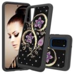 Rhinestone Decor Pattern Printing Hybrid PC TPU Shockproof Case for Samsung Galaxy S20 – Purple Flowers