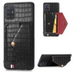 Crocodile Texture Card Holder Stand PU Leather Coated TPU Cover for Samsung Galaxy A51 – Black