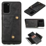 Kickstand Card Holder PU Leather Coated TPU Shell [Built-in Vehicle Magnetic Sheet] for Samsung Galaxy S20 Plus – Black