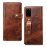 Finger Grip Holder Genuine Leather Wallet Cell Phone Cover for Samsung Galaxy S20 Plus – Brown