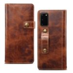 Finger Grip Holder Genuine Leather Wallet Phone Cover for Samsung Galaxy S20 – Brown