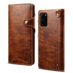Genuine Leather Button Closure Wallet Flip Phone Case for Samsung Galaxy S20 – Brown