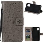 Imprint Flower and Cat Wallet Phone Flip Leather Shell for Samsung Galaxy A91/S10 Lite – Grey
