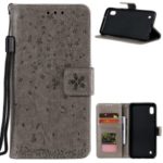 Imprint Sakura Cat Leather Wallet Stand Case for Samsung Galaxy A01 – Grey
