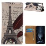 Pattern Printing Wallet Leather Stand Cover for Samsung Galaxy A11 – Eiffel Tower and Quill-pen