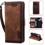Vintage Splicing Style Wallet Stand Leather Flip Phone Shell for Samsung Galaxy A20e  – Brown