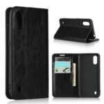 Crazy Horse Wallet Stand Genuine Leather Case Phone Covering for Samsung Galaxy A01 – Black