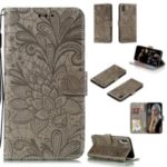 Imprint Lace Flower Leather Case Wallet Stand Phone Cover for Samsung Galaxy A70s – Grey