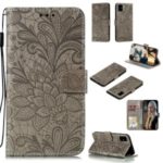 Imprinted Lace Flower Surface Leather Wallet Cover for Samsung Galaxy A51 – Brown