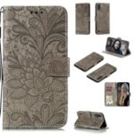 Imprinted Lace Flower Skin Leather Wallet Shell for Samsung Galaxy A01 – Brown