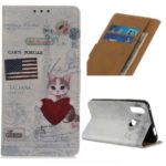 Pattern Printing Wallet Leather Phone Case Covering for Huawei Y7p/P40 lite E – US Flag and Cat Holding Heart