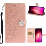 Imprint Plum Blossom Rhinestone Decor Leather Wallet Phone Casing for Xiaomi Redmi Note 8T – Rose Gold