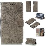 Imprint Lace Flower Magnetic Leather Wallet Case for Samsung Galaxy Xiaomi Mi 10 / Mi 10 Pro – Grey