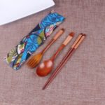 Portable Wooden Chopsticks Spoon Fork Tableware Set with Vintage Cloth Storage Bag – Brown
