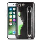Handy Strap Kickstand Card Holder Genuine Leather Coated TPU Shell with Lanyard for iPhone 8/7 4.7 inch – Black